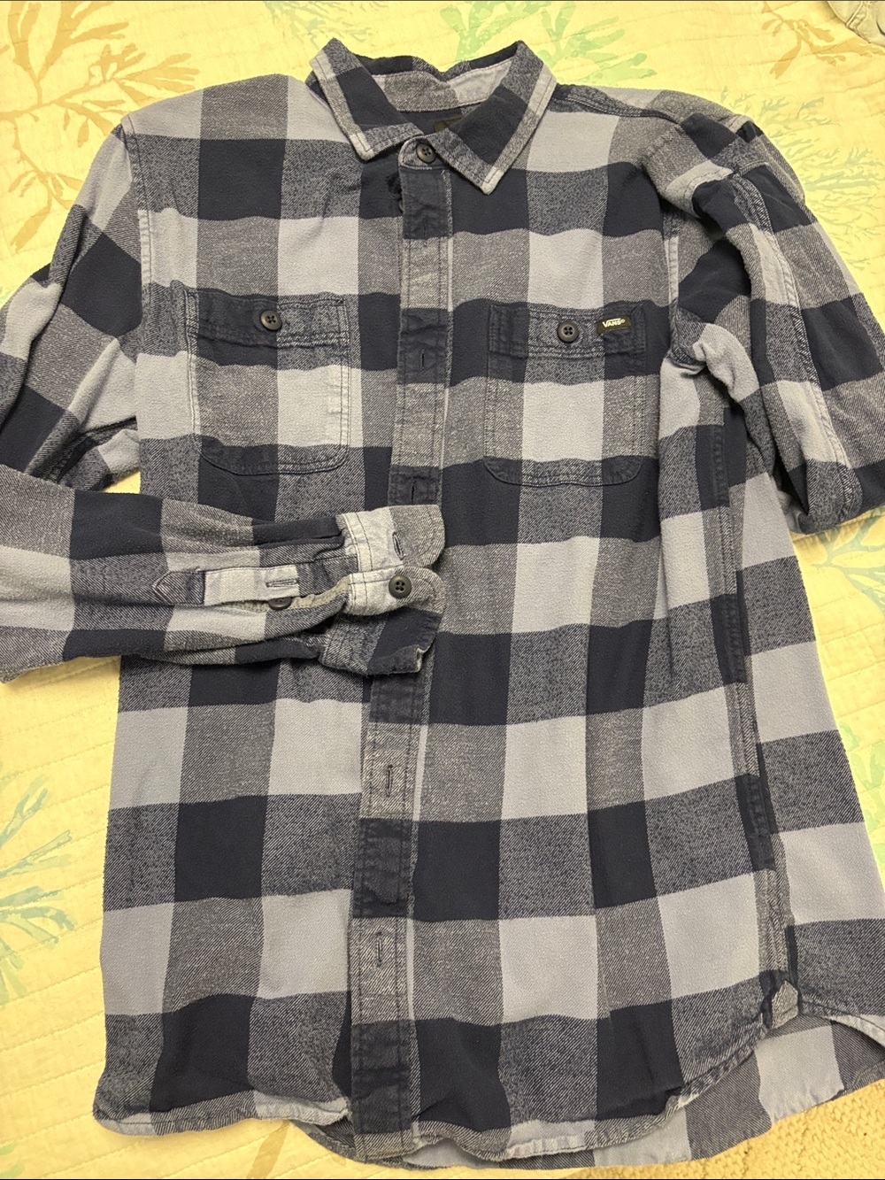 Vans Men's Navy and Light Blue Check Long-Sleeve Button-Up Shirt